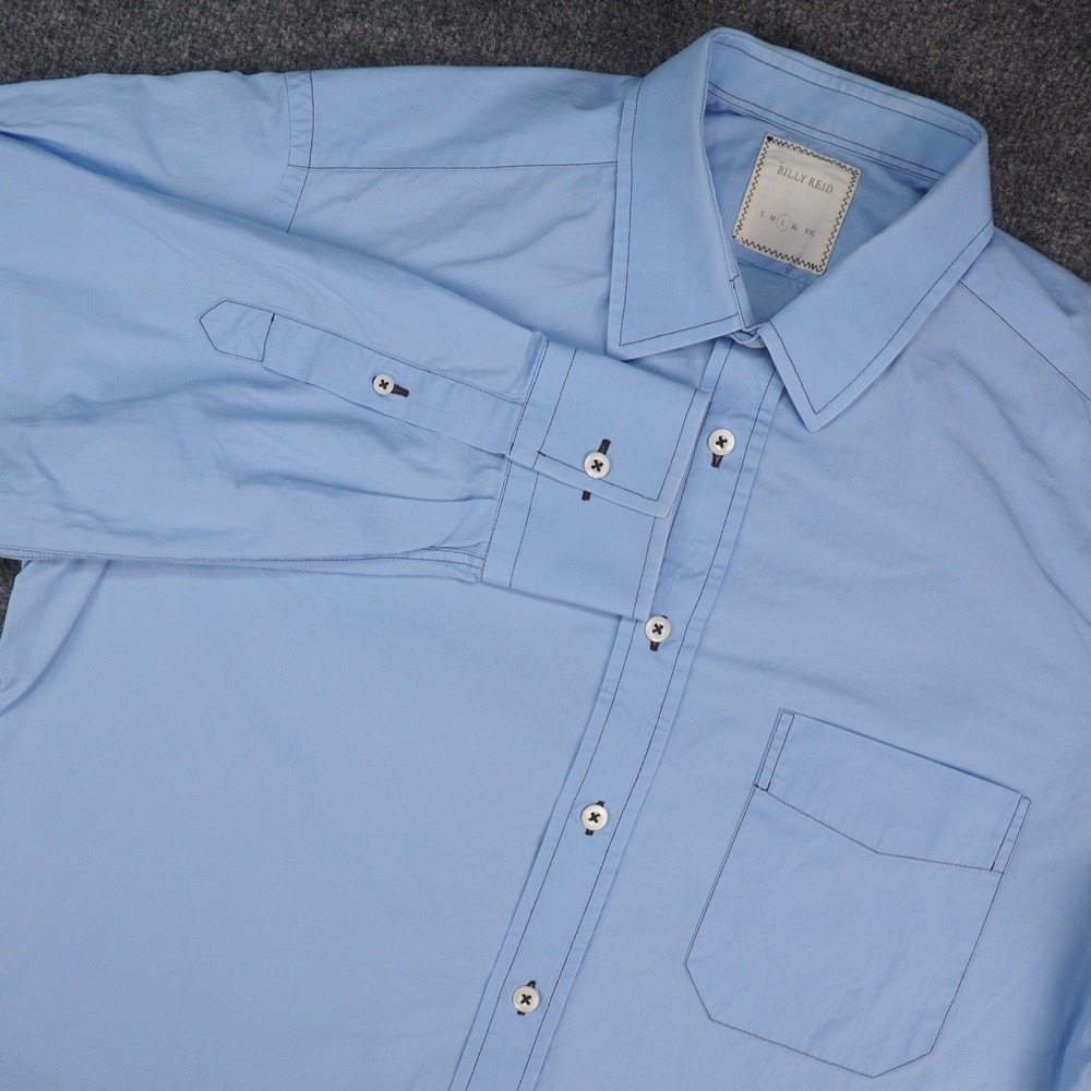 Billy Reid Button Down Shirt Mens Med Blue Solid Long Sleeve Pocket Preppy Work